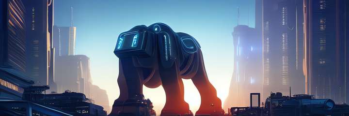 Robotic mammoth in an urban landscape