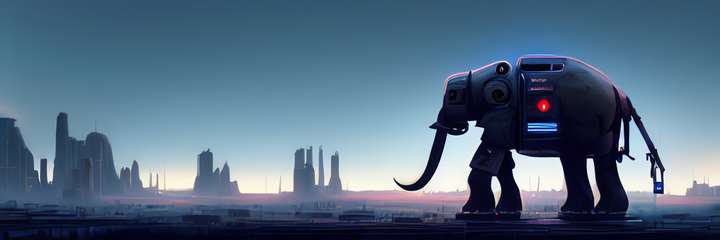 Robotic mammoth in an urban landscape